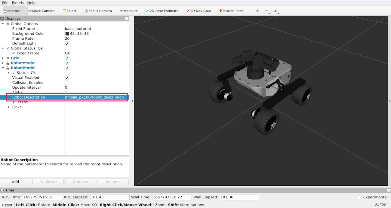 Adding PincherX 100 mobile model to Rviz